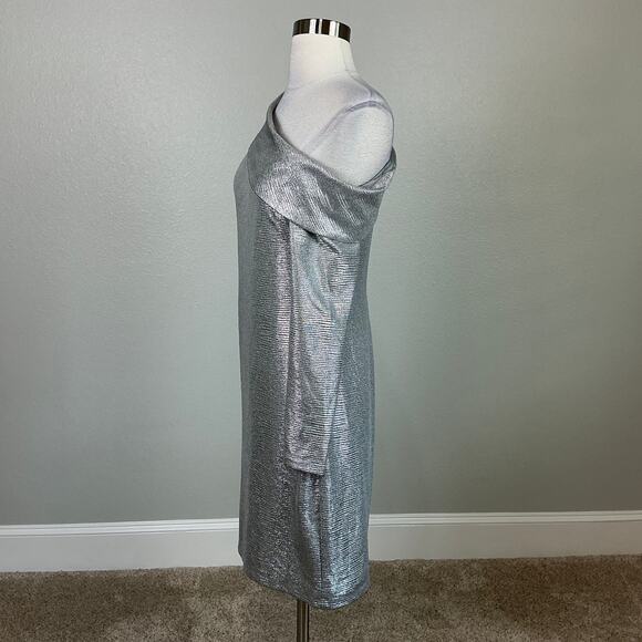 Ralph Lauren Off the Shoulder Long Sleeve Cocktail Dress Silver Size 8 Sheath - Picture 5 of 12